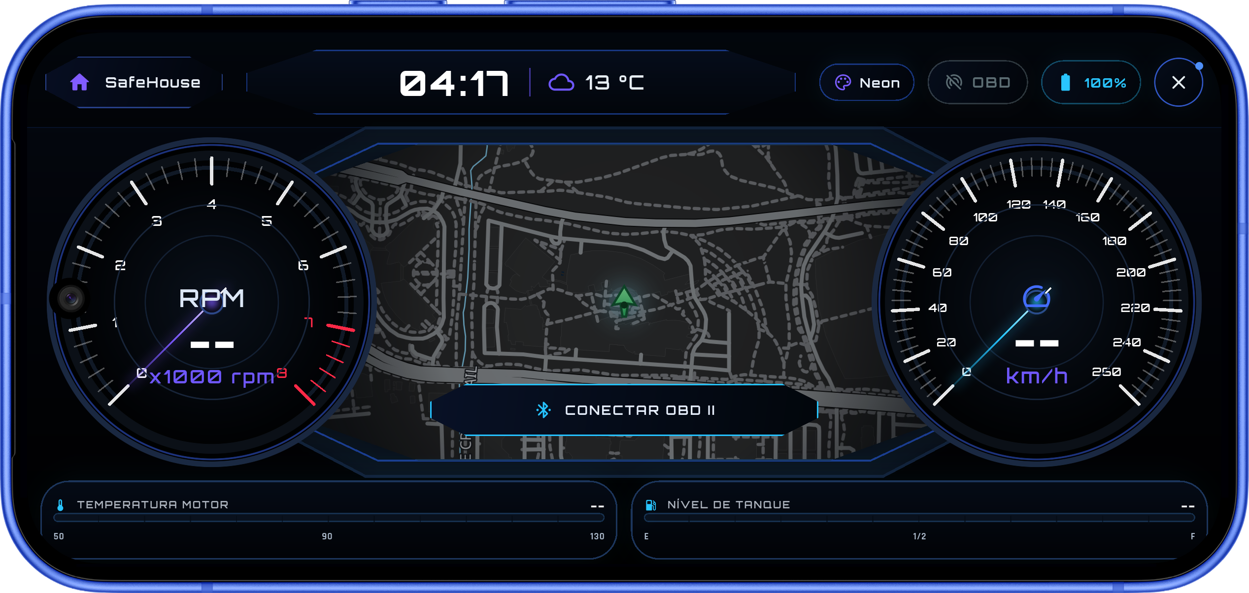 Modo piloto com tema neon e medidores roxos e azuis